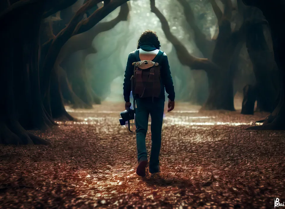 Explorer with backpack wandering through prehistoric forest