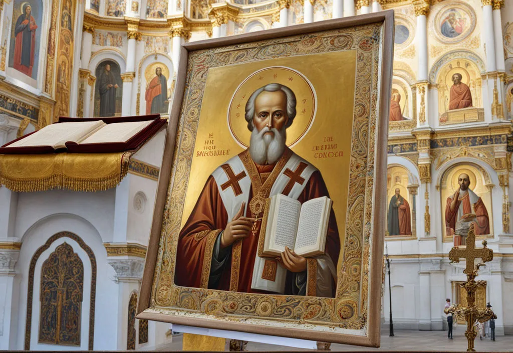 a painting of a man holding a book in front of a church