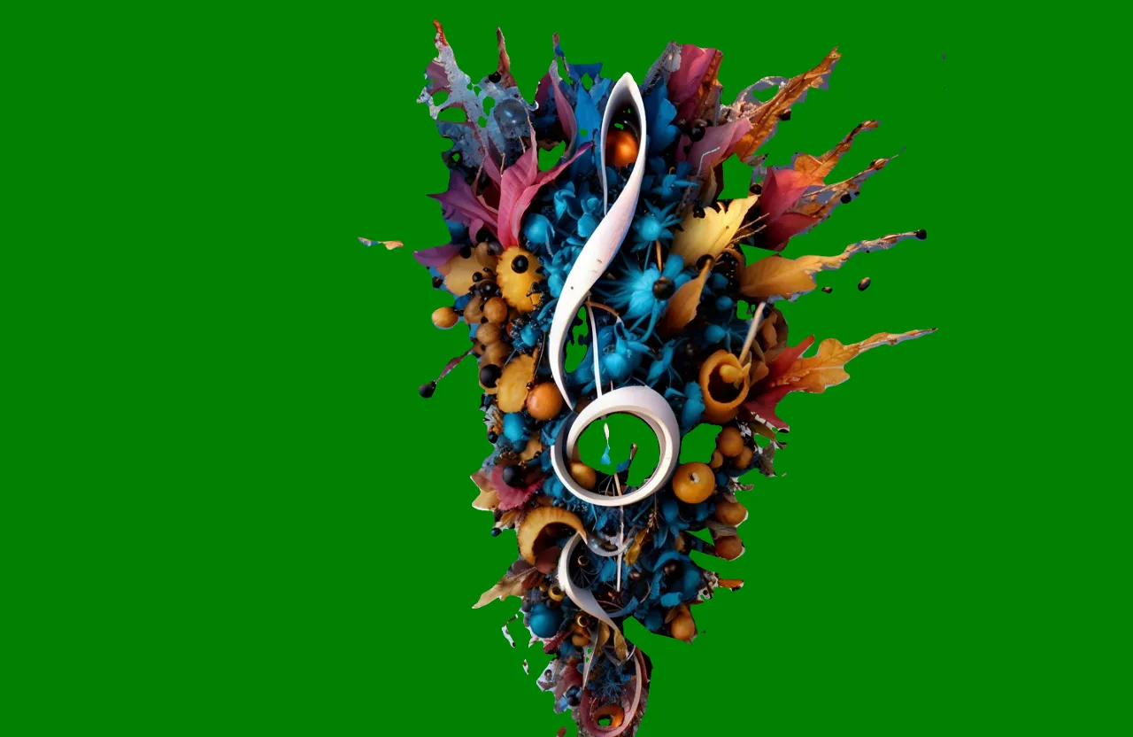 a green background with a musical note and a bunch of flowers