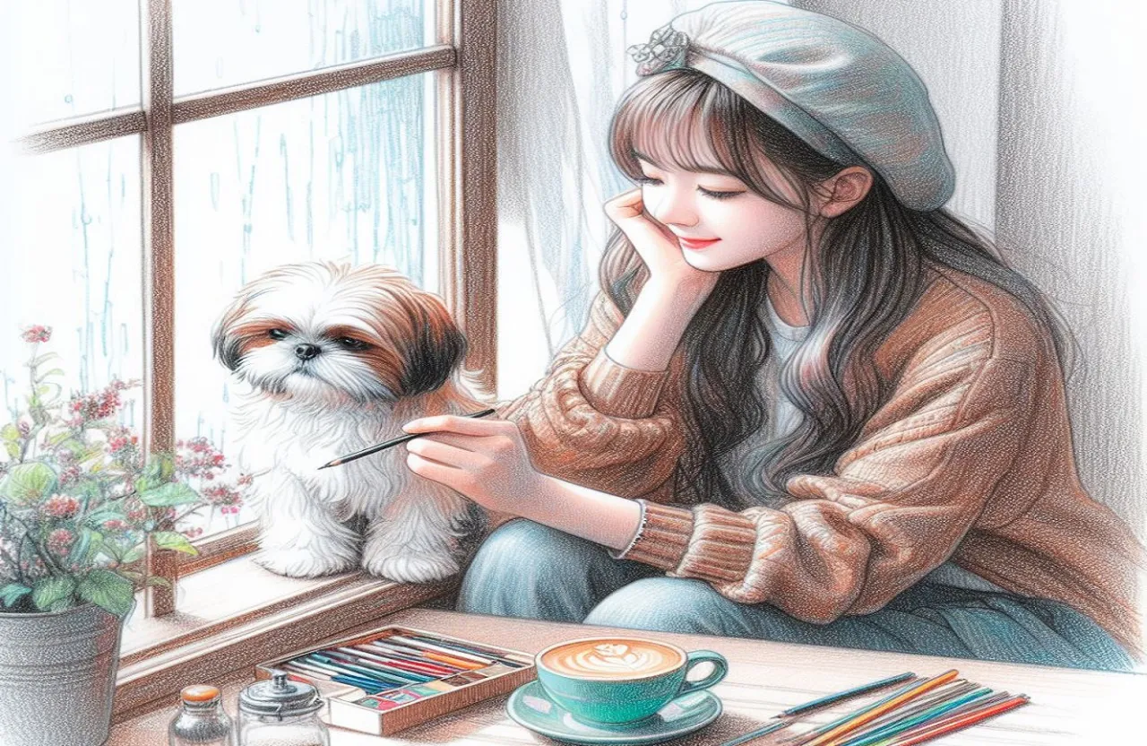 a drawing of a girl sitting by a window with a dog