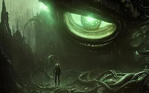 a man standing in front of a giant eyeBALL LOOKING AT HIM BLINKING