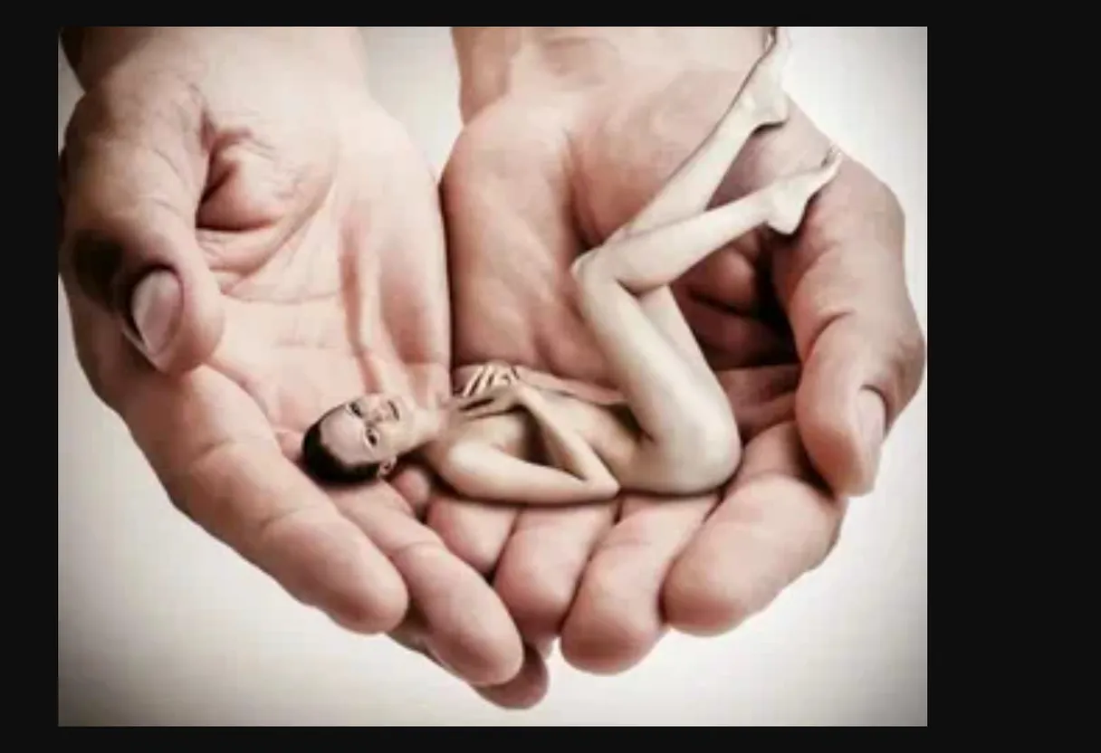 two hands holding a baby doll in it's palm