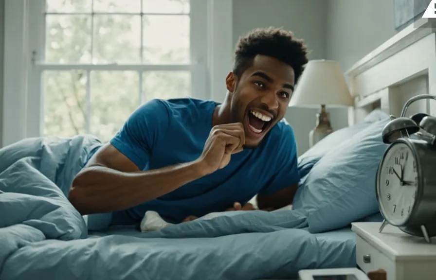 Visual: A young man waking up, stretching, and getting out of bed with a yawn.Details: Close-ups of the alarm clock showing early morning time, sunlight streaming through the window, and the person smiling as they face the day.