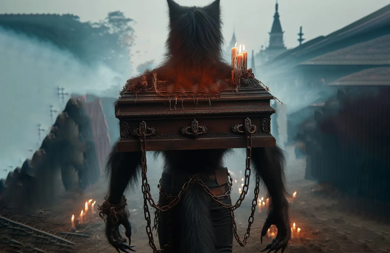 werewolf, with a coffin on his back, 3 candles on the coffin, chains around his waist and hands, seen from the back, misty night