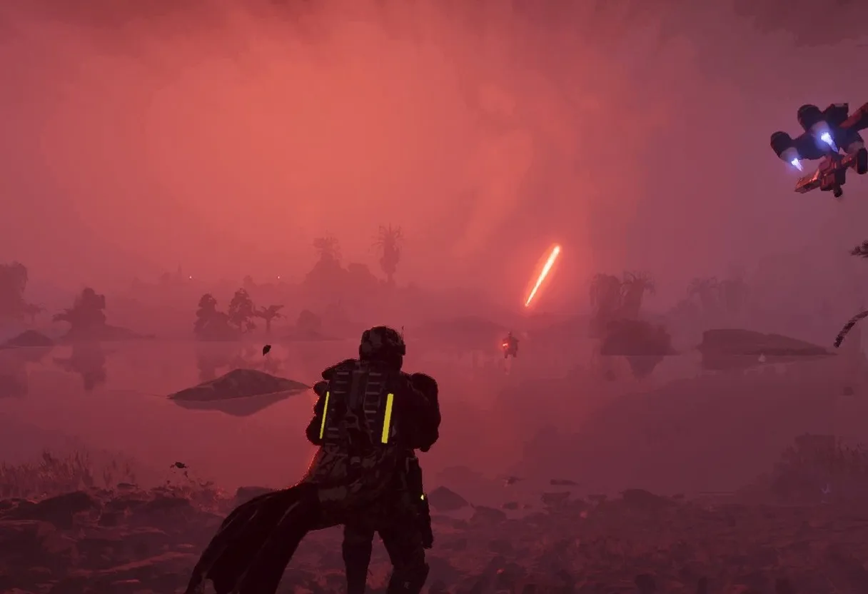 a man standing in front of a red sky robot invasion