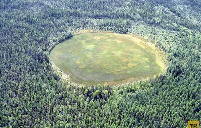 a large green field surrouit's a circular bare meadow 250 meters in diameter. It's located in the middle of the taiga.nded by trees in the middle of a forest