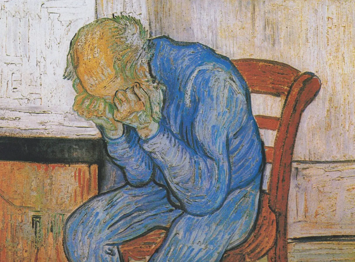 a painting of a man sitting on a chair