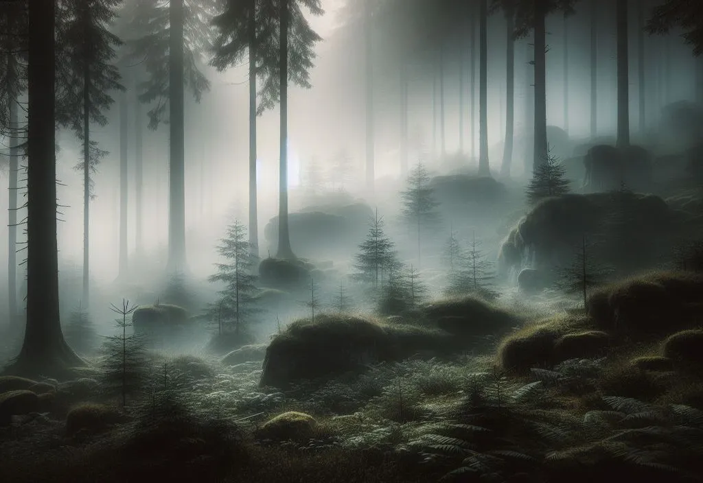 a foggy forest filled with lots of trees