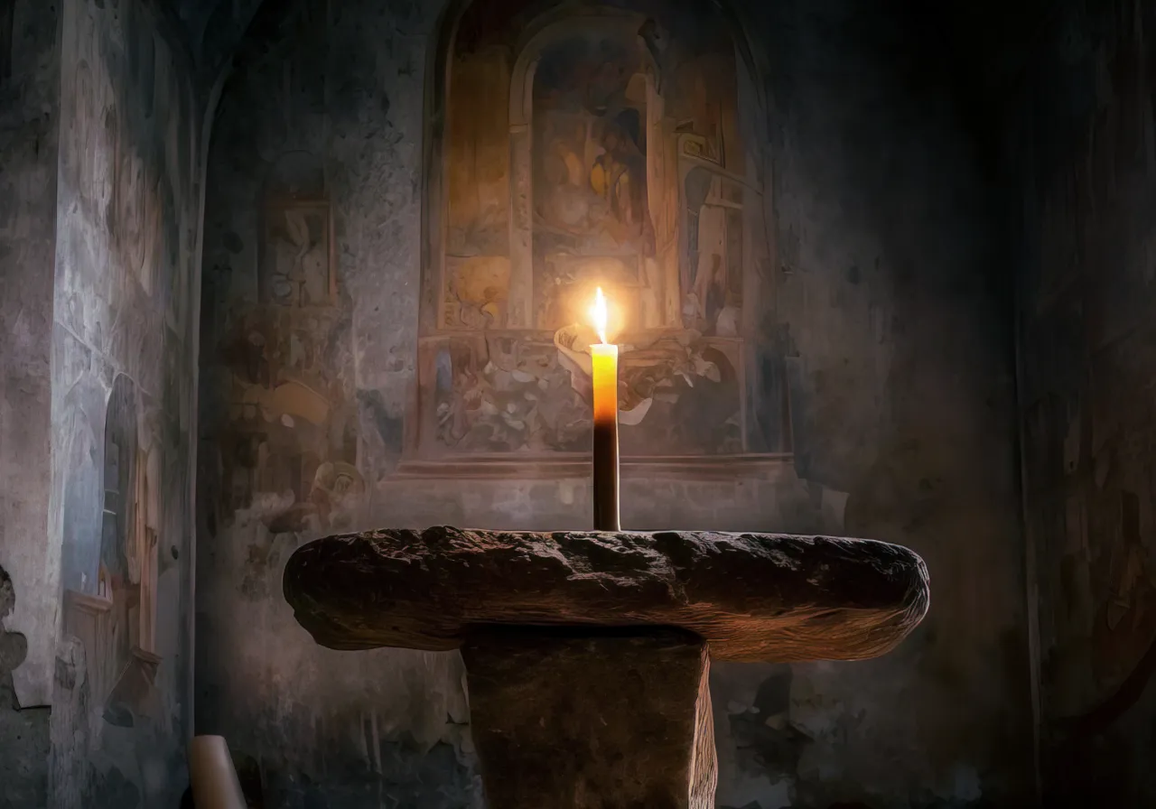 A cross on a table in front of a intricate stained glass window with sunlight streaming into a nostalgic chapel