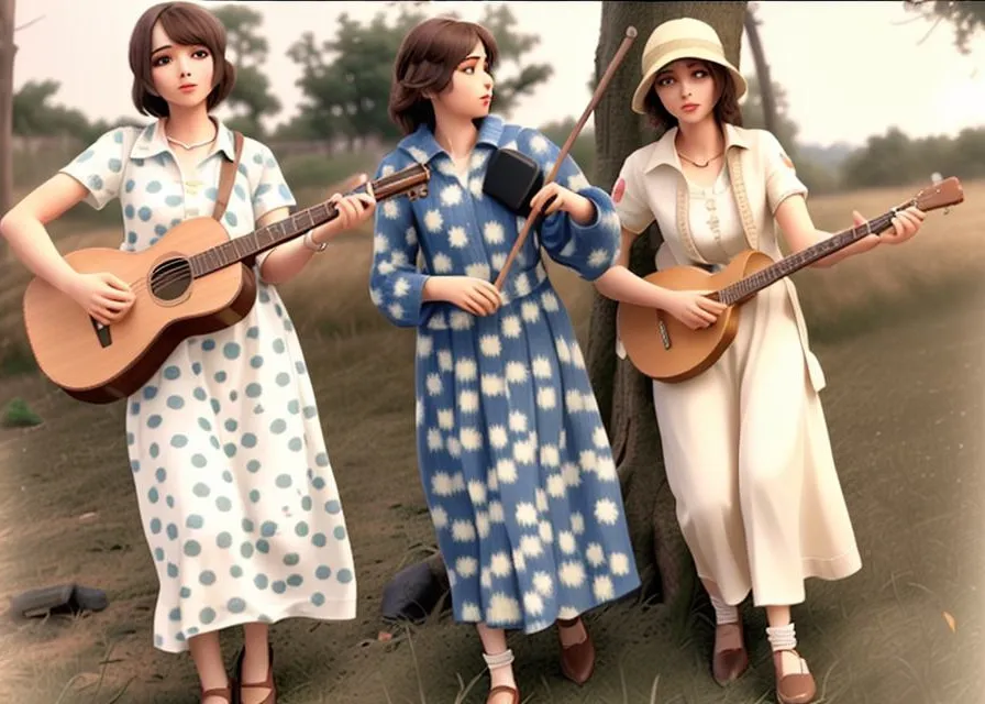 a group of three women standing next to each other holding guitars,Violin and banjo They are playing 