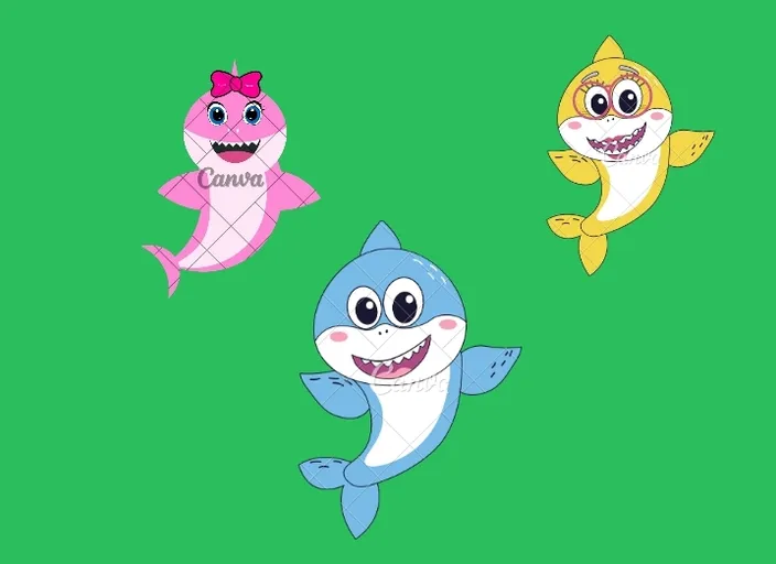 a group of three cartoon sharks on a green background