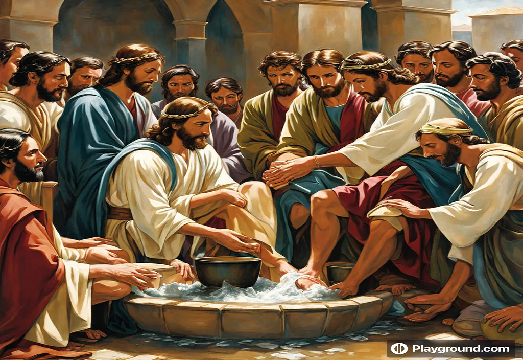 a painting of jesus washing his feet in the water