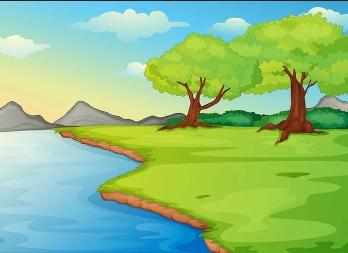 One green jungle background and sun is rising and time is morning and some birds cartoon background 