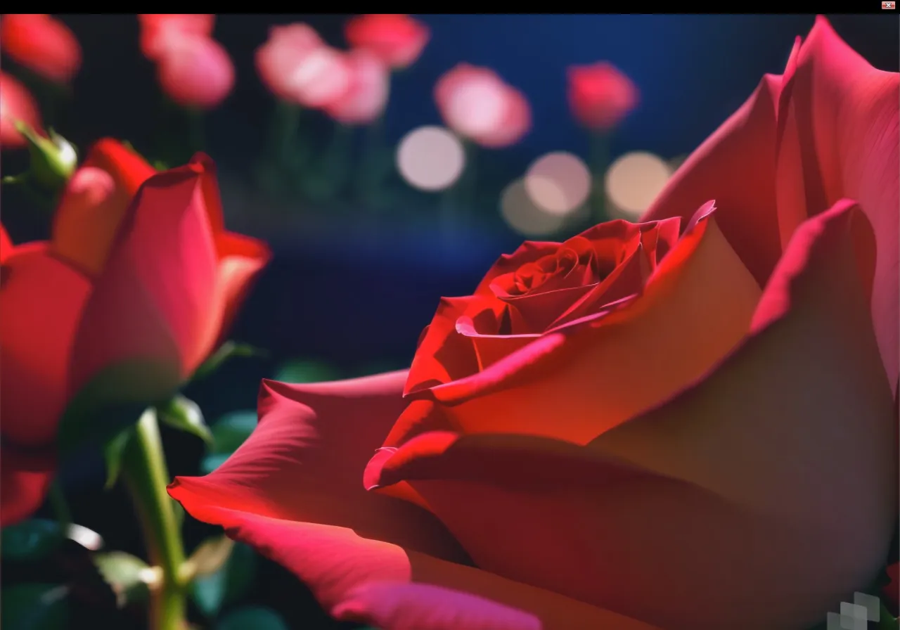 a close up of a red rose with blurry lights in the background