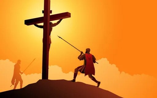 a man holding a sword standing next to a cross