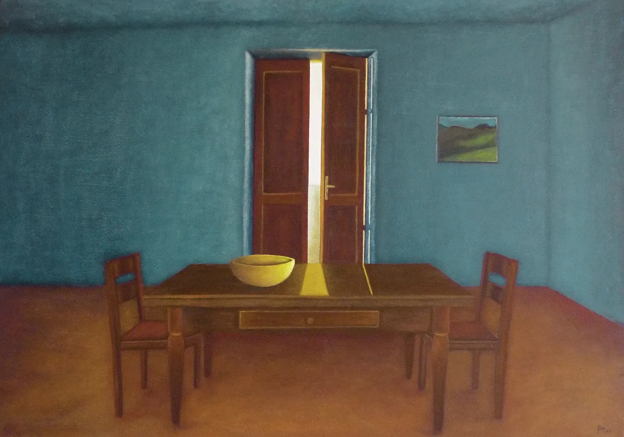 a painting of a table and chairs in a room