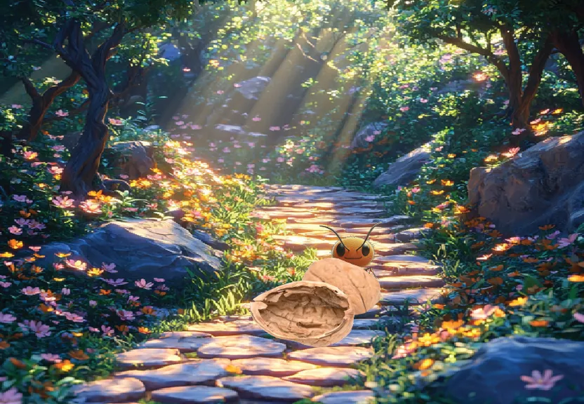 an animated scene of a path through a forest