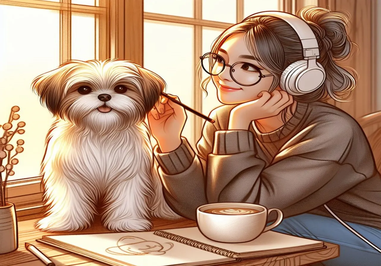 a woman sitting at a table with a dog and a cup of coffee