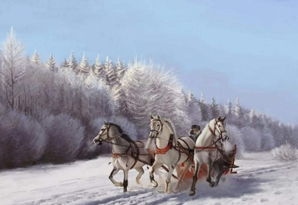 A trio of horses pulling a festive sled with presents, silhouetted against a snowy mountain