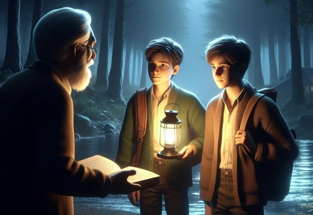 An old man giving a book to two young men. Dark night in the middle of a dark dense forest. There is a lake in front.