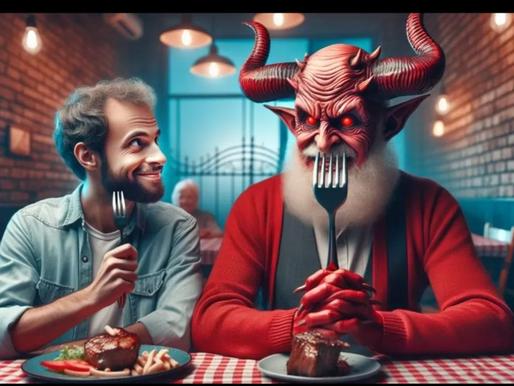 a man and a woman sitting at a table with devil masks on their faces