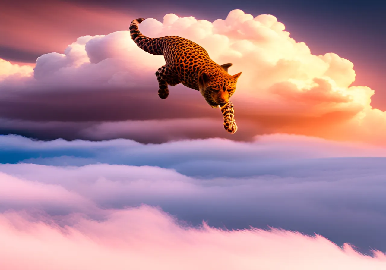 a leopard is flying in the sky above the clouds