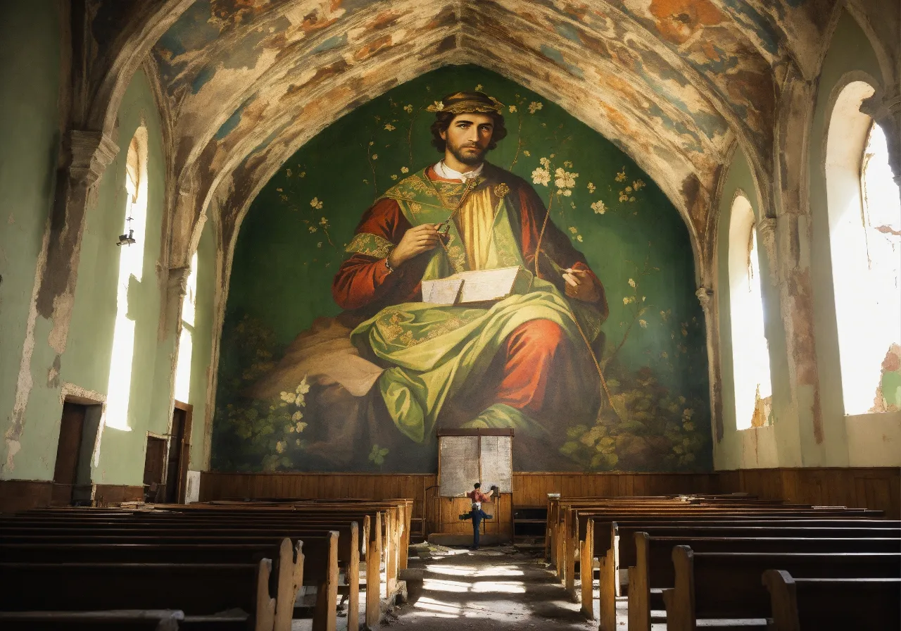 a painting of a man sitting in a church