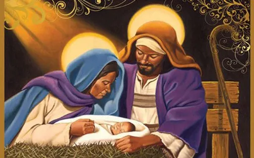 a painting of a manger scene with a baby jesus