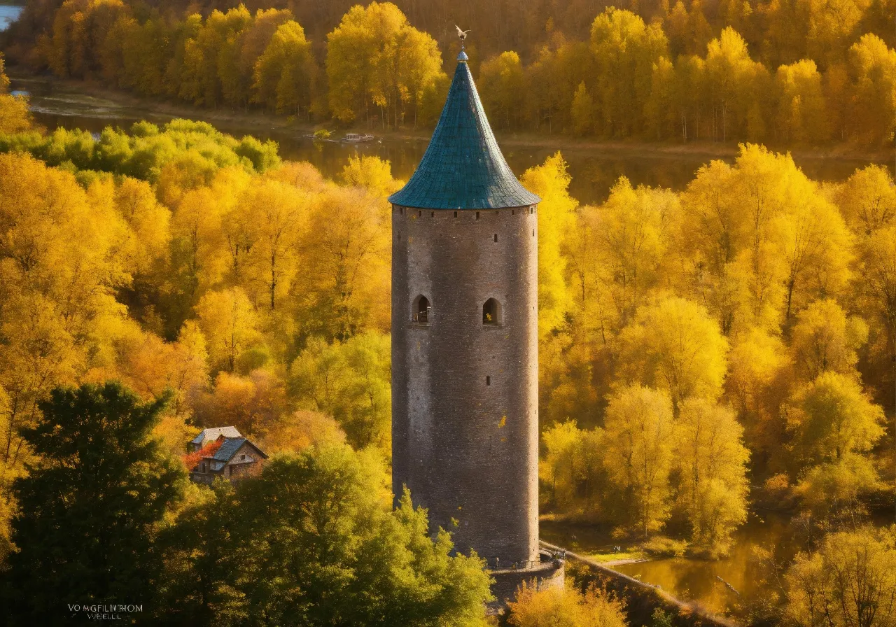 a tall tower with a blue top surrounded by trees