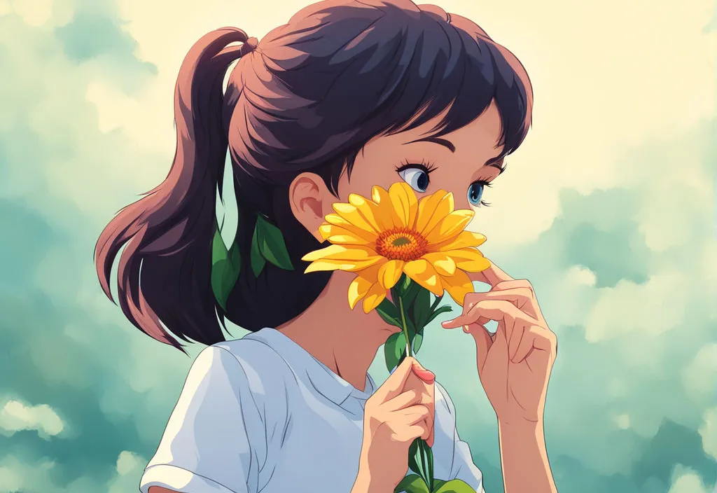 The animated girl is smelling a flower