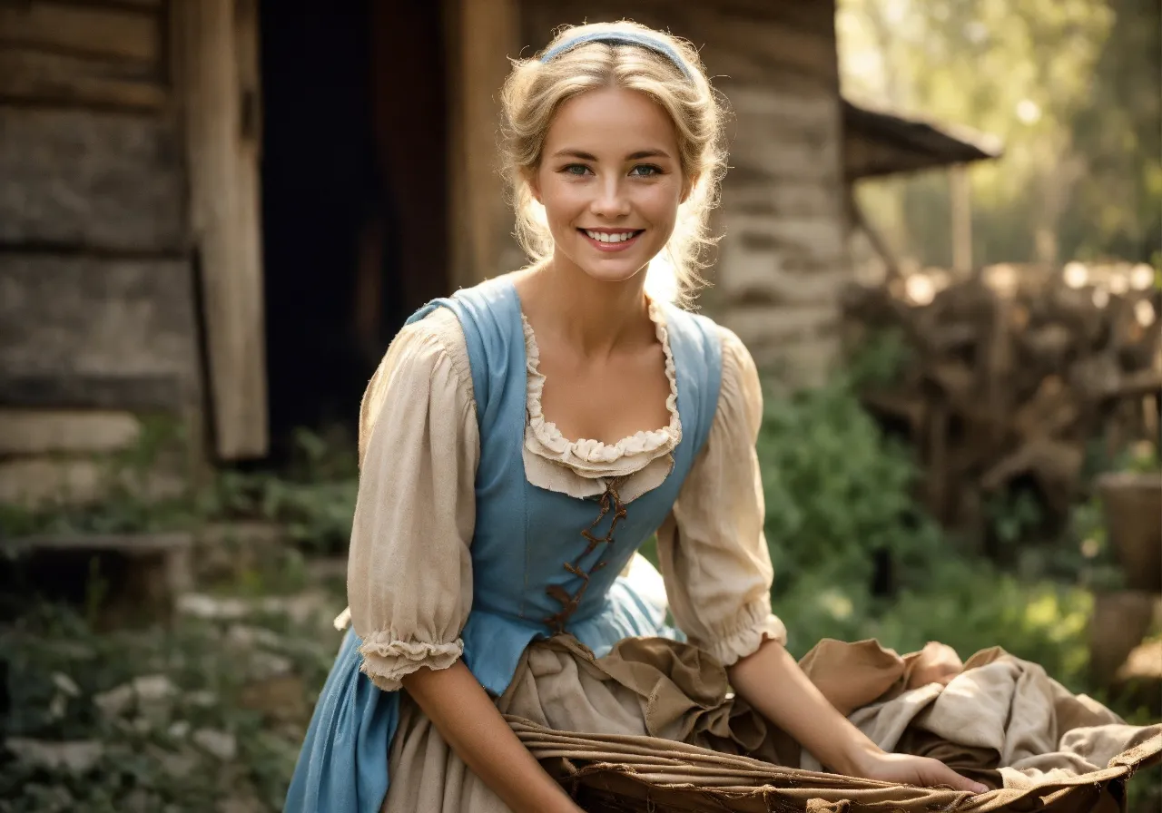 a woman in a blue dress holding a basket