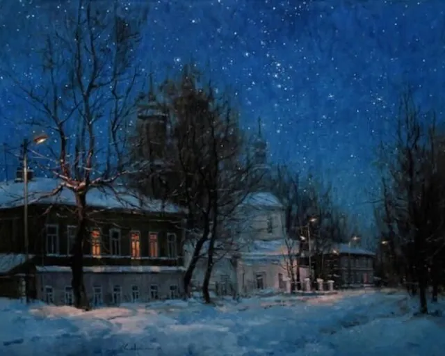 a painting of a house in the snow