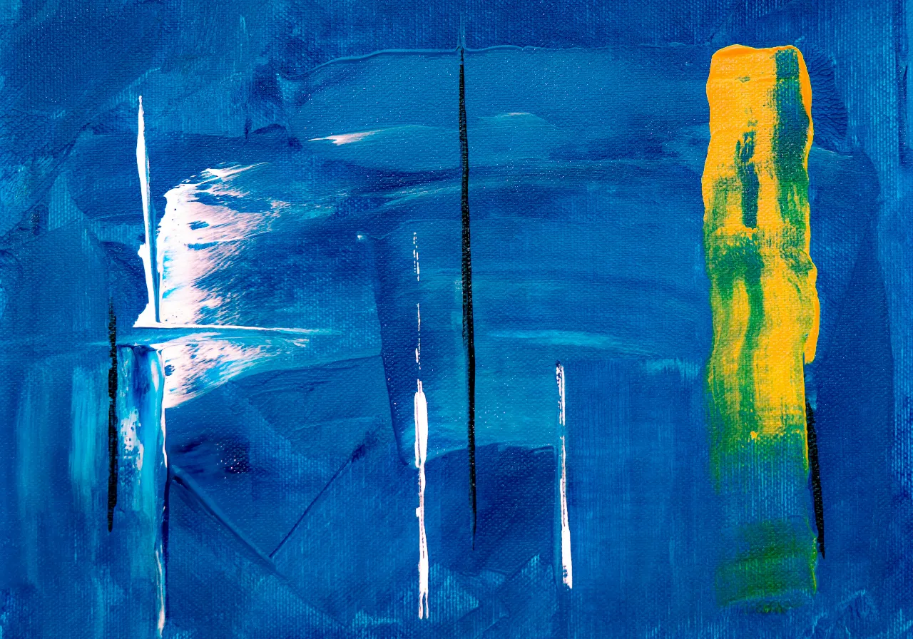 An abstract painting with a gradient of blue and yellow colors representing the sunrise or sunset sky