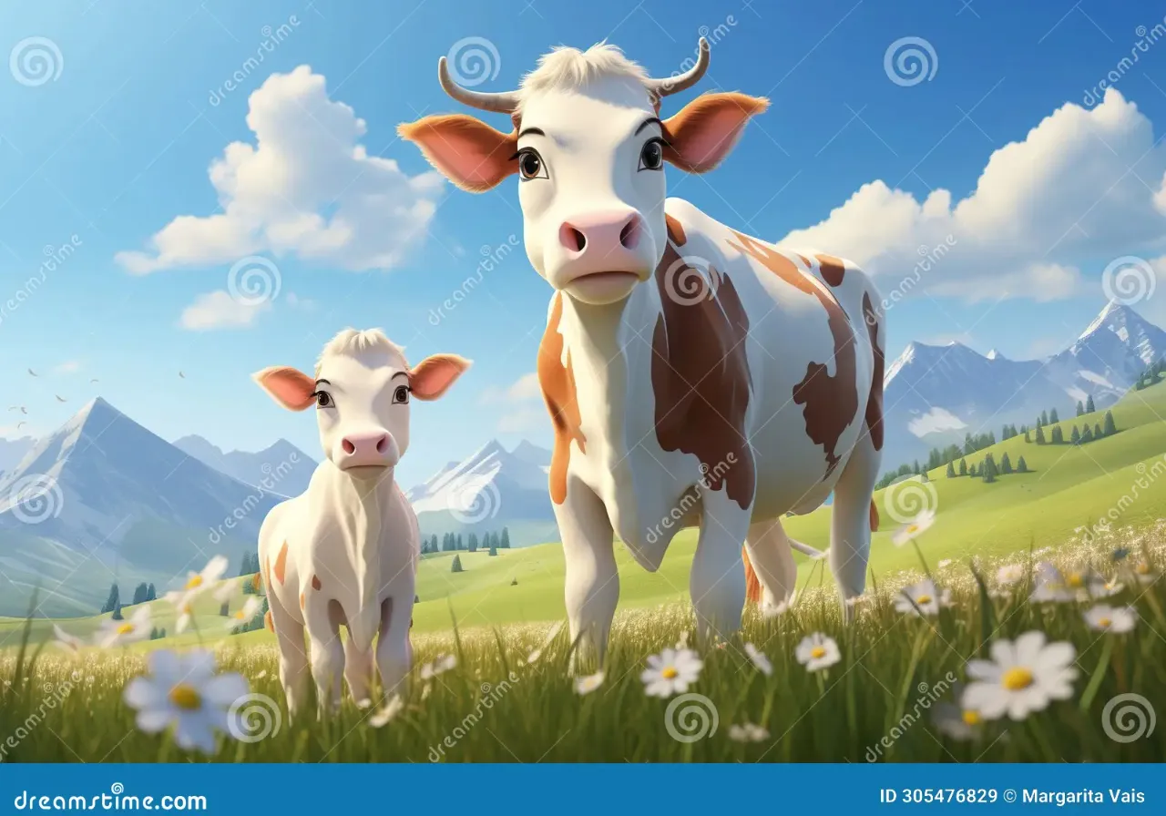 a cow and her calf standing in a field of flowers