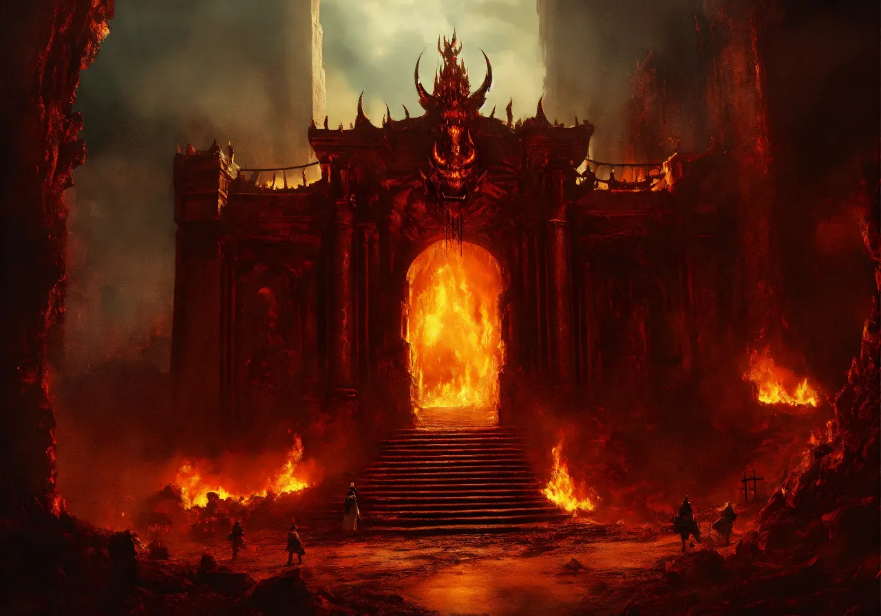 a painting of a gate with flames coming out of it