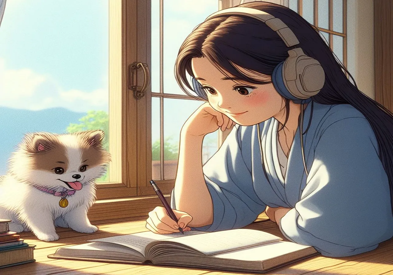 a girl sitting at a table with a book and a dog