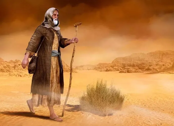 a painting of a man with a staff in the desert