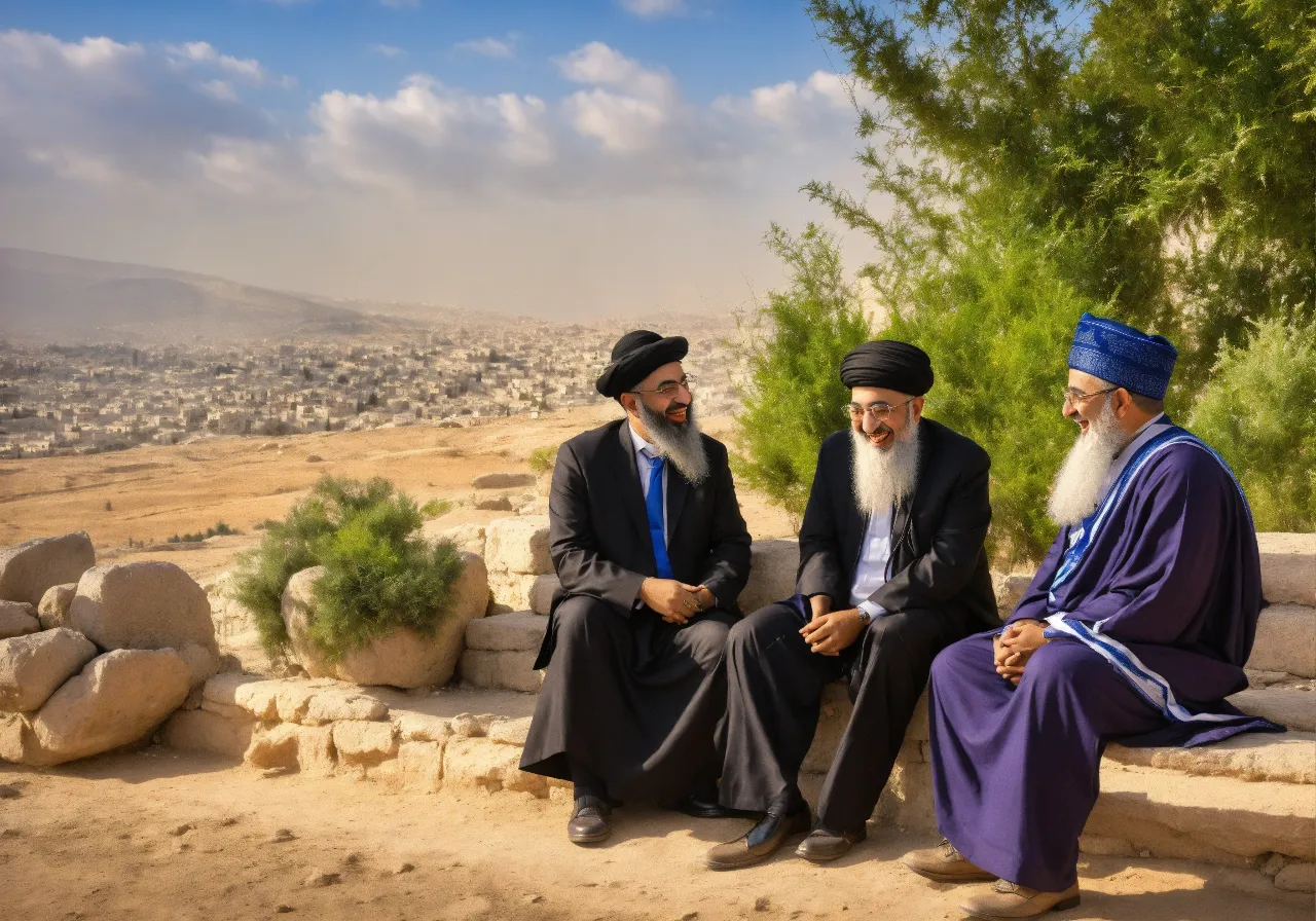 two men sitting on a stone bench talking to each other