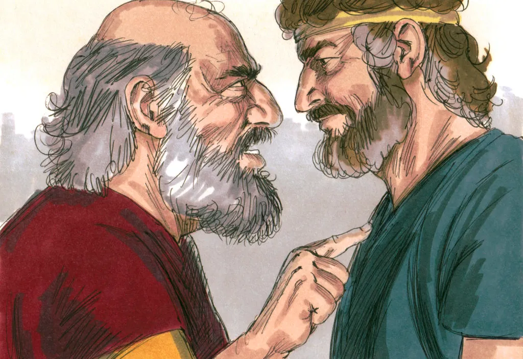 a drawing of a man with a beard talking to another man