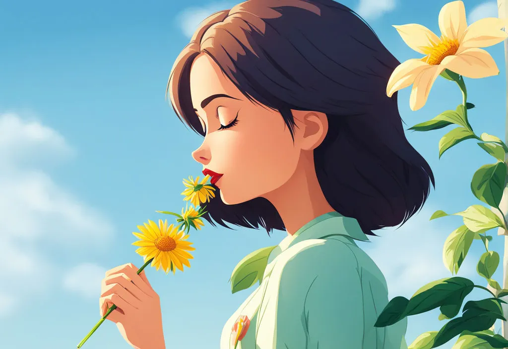 a woman smelling a flower with a sky background