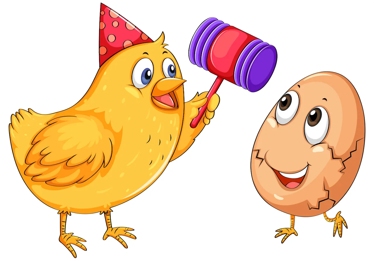 an egg and a chicken with a birthday hat