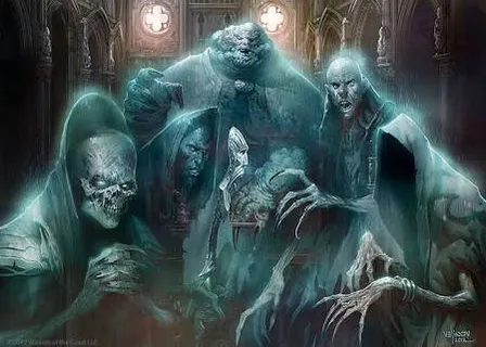 a painting of a group of creepy people