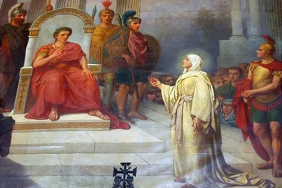 a painting of a man standing in front of a group of people