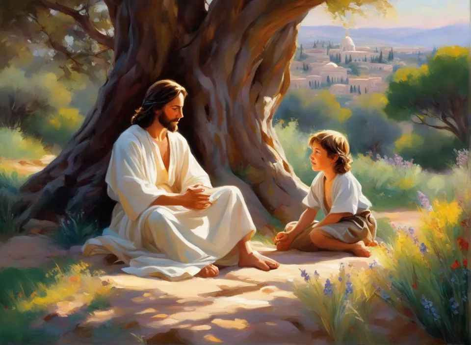 a painting of jesus and a little girl sitting under a tree