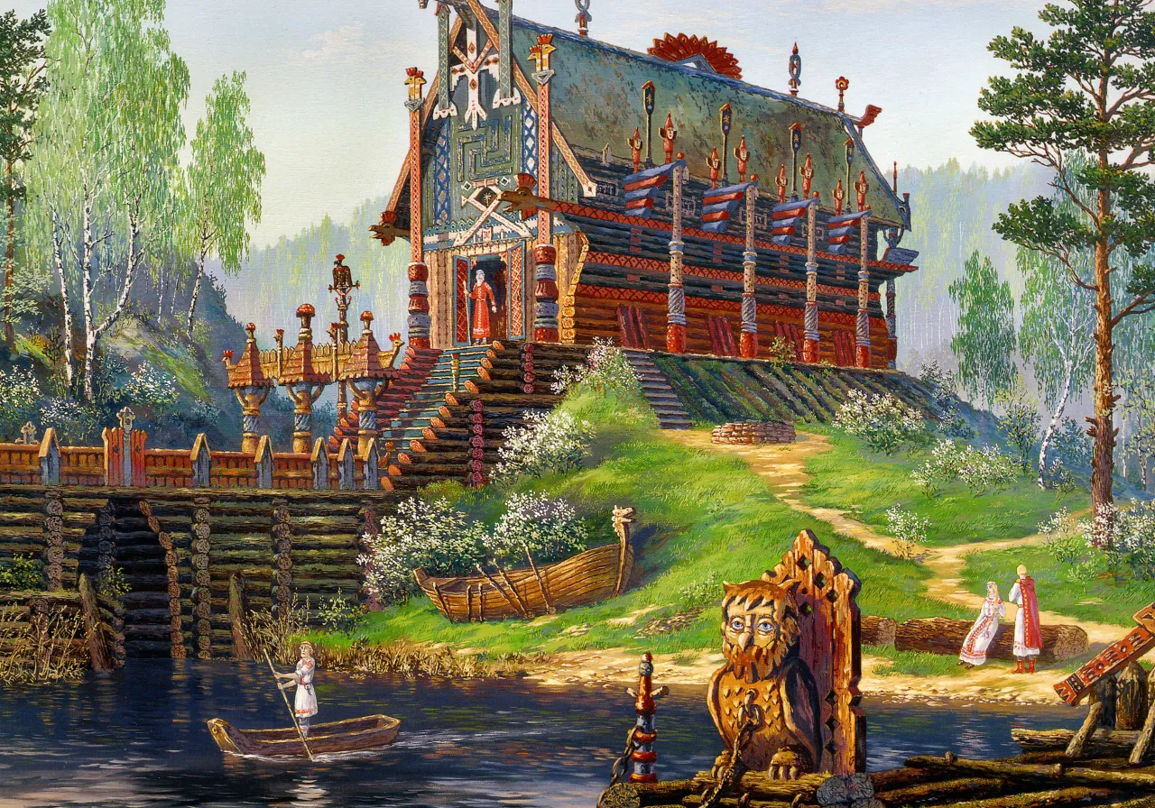 a painting of a house on a hill next to a body of water