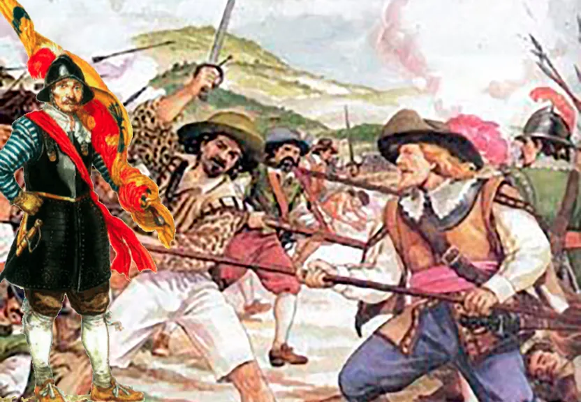 a painting of a man holding a sword in front of a group of men