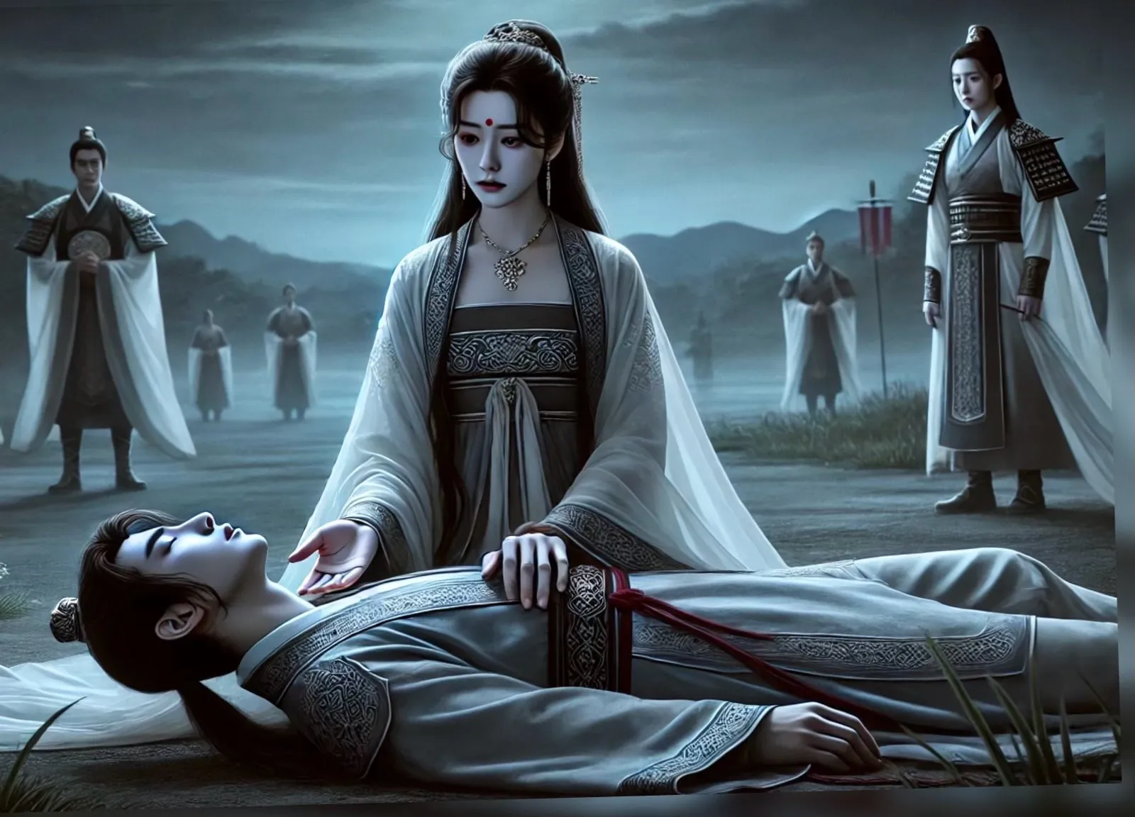 A noble lady, graceful and dignified, with loyal guards following behind. She happened to pass by here, paused, and stood in front of the unconscious Duan Yunlie on the ground. At this moment, the kingly aura emanating from Duan Yunlie deeply attracted her attention, stirring a hint of emotion within her., advertising style