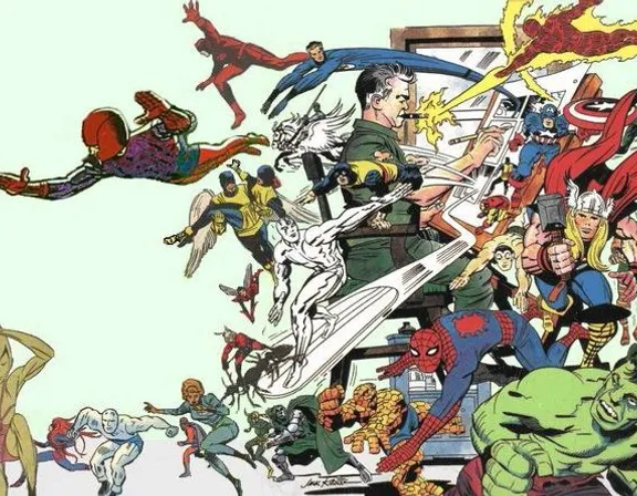 a bunch of cartoon characters that are in the air Jack Kirby drawing the avengers 