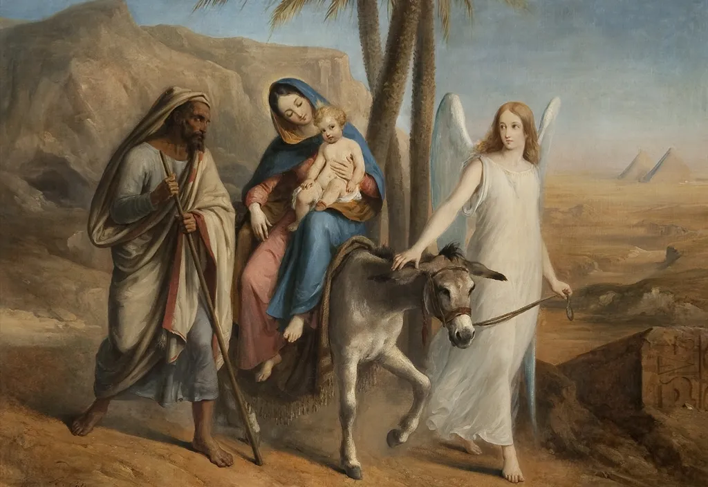 a painting of a man and woman with a donkey