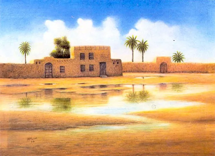 a painting of a house in the desert